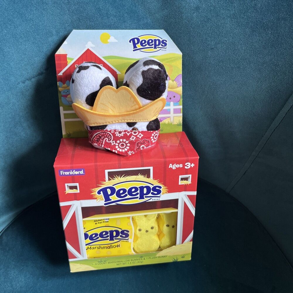 NEW 6” EASTER Cow COWBOY PEEPS Bunny Plush & Peeps Candy in Barn Gift Set